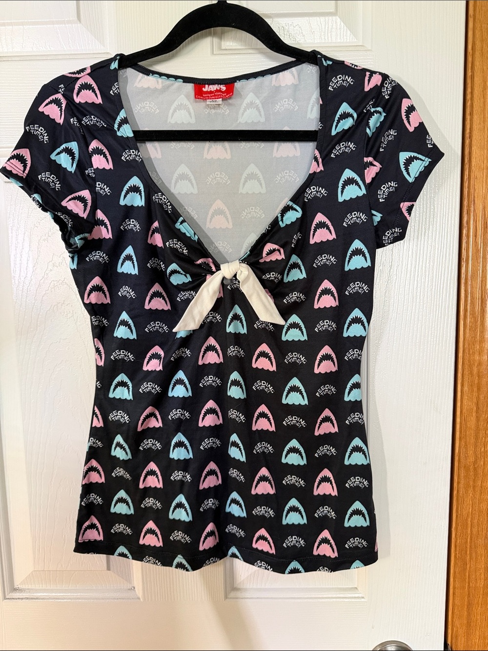 Unique Vintage Black Tie-Front Top with Pink & Blue Shark Print